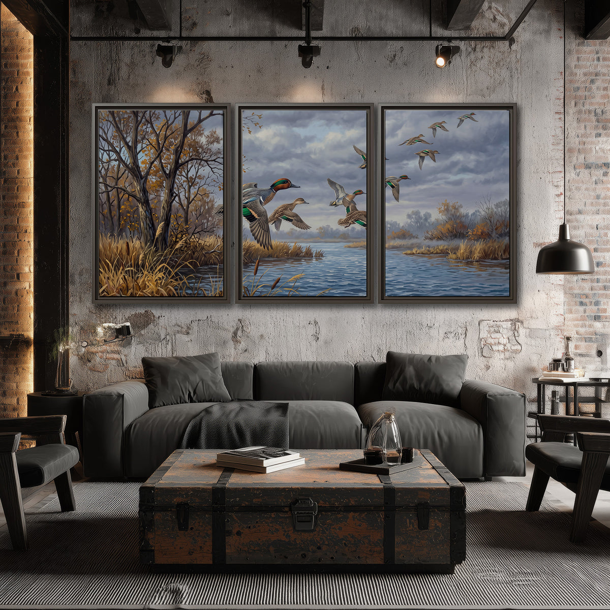 Ducks taking flight over a blue river framed by autumn branches 3 piece framed canvas wall art displayed in a industrial room