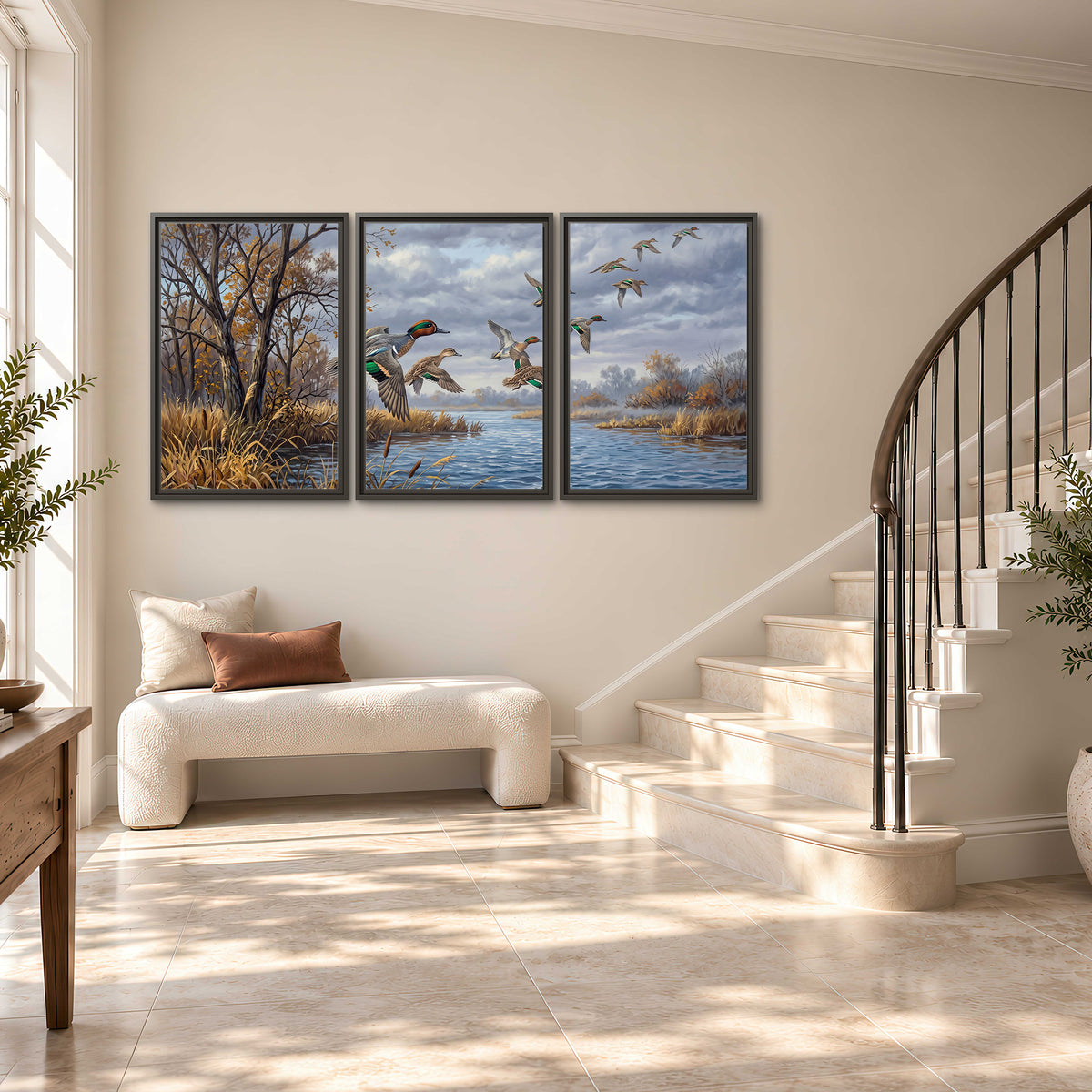 Ducks taking flight over a blue river framed by autumn branches 3 piece framed canvas wall art styled in an interior