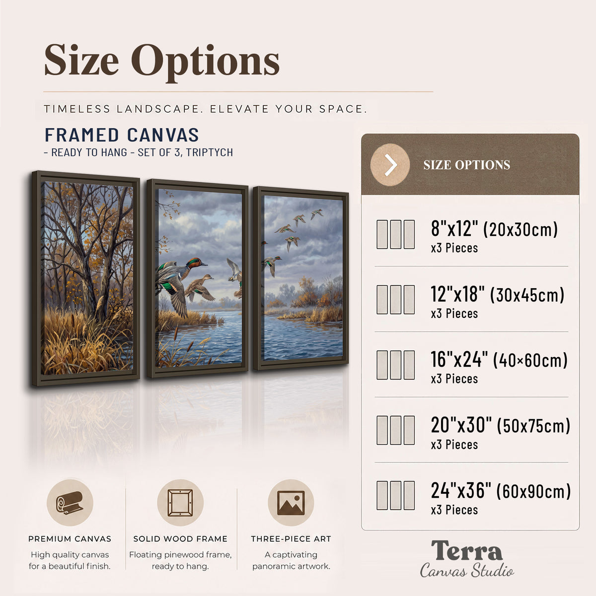 Ducks taking flight over a blue river framed by autumn branches 3 piece framed canvas wall art available dimensions; triptych dimensions are per panel