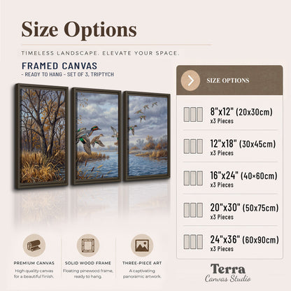 Ducks taking flight over a blue river framed by autumn branches 3 piece framed canvas wall art available dimensions; triptych dimensions are per panel