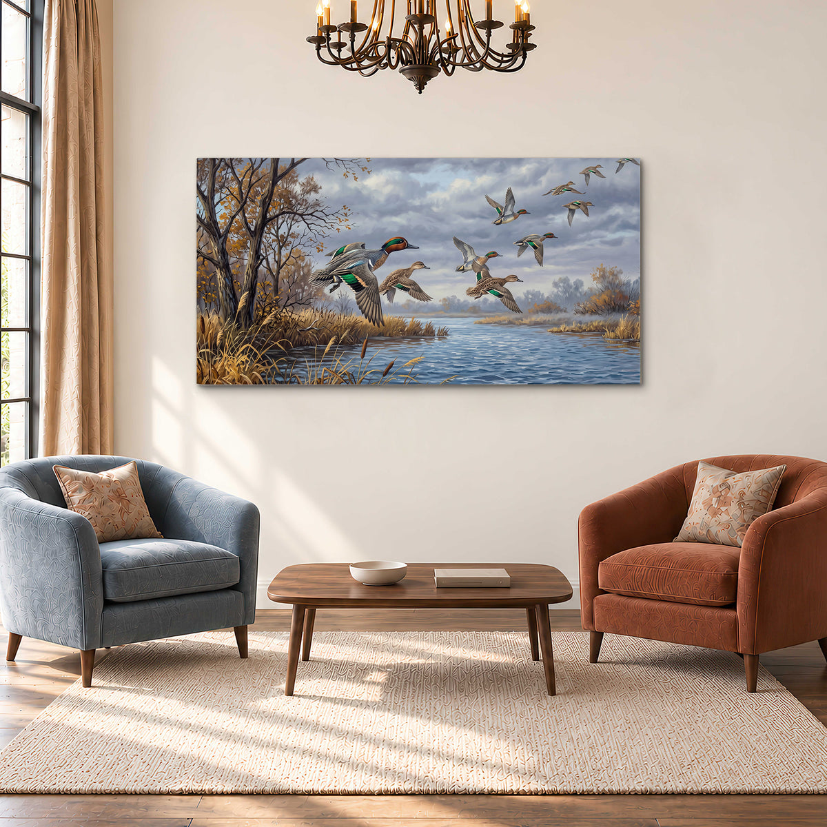 Ducks taking flight over a blue river framed by autumn branches single canvas wall art styled in an interior