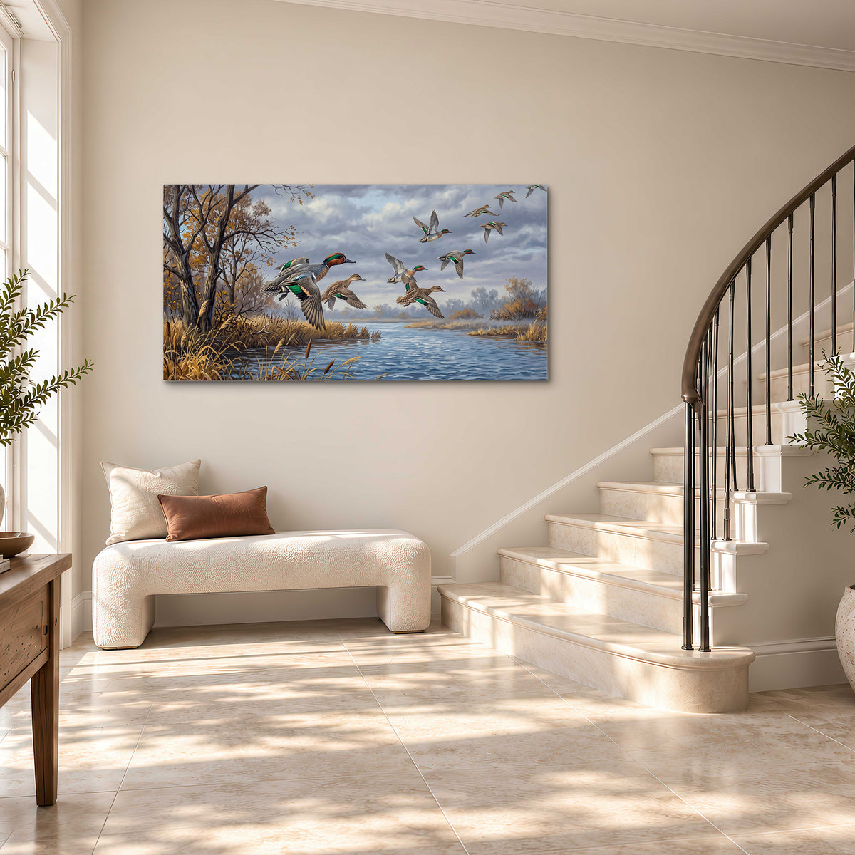 Ducks taking flight over a blue river framed by autumn branches single canvas wall art styled in an interior