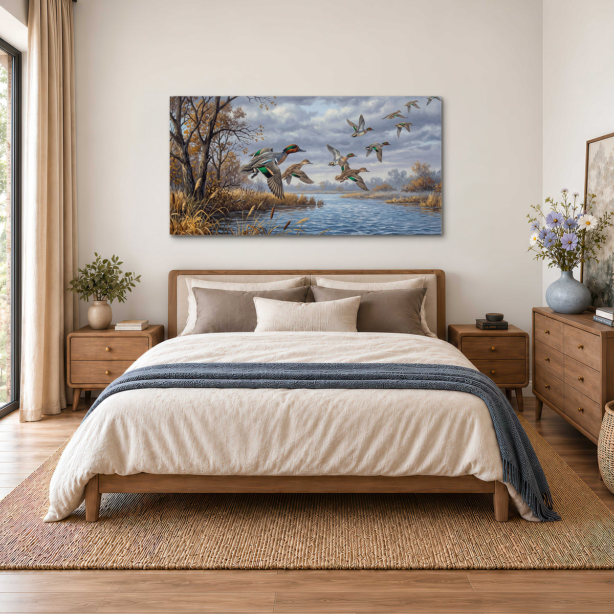 Ducks taking flight over a blue river framed by autumn branches single canvas wall art styled in an interior