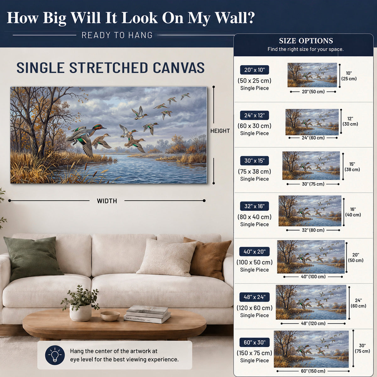 Ducks taking flight over a blue river framed by autumn branches single canvas wall art size guide above a sofa; room view is illustrative