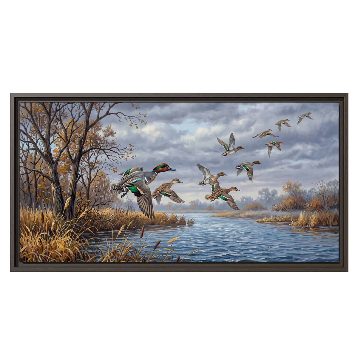 Ducks taking flight over a blue river framed by autumn branches single framed canvas wall art viewed straight on