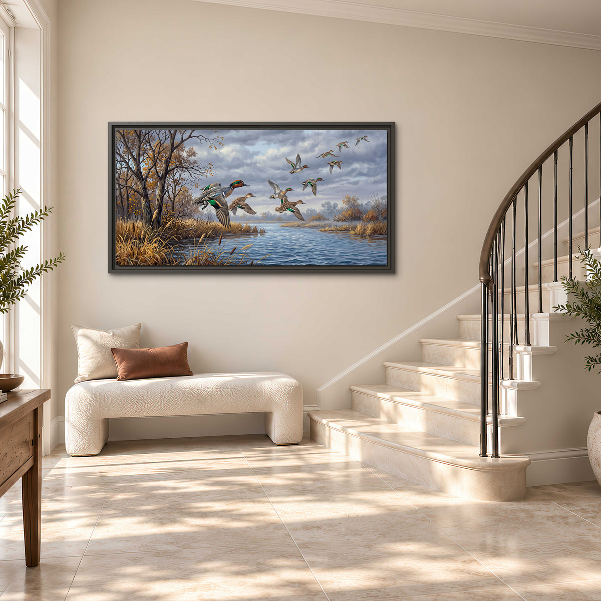 Ducks taking flight over a blue river framed by autumn branches single framed canvas wall art styled in an interior