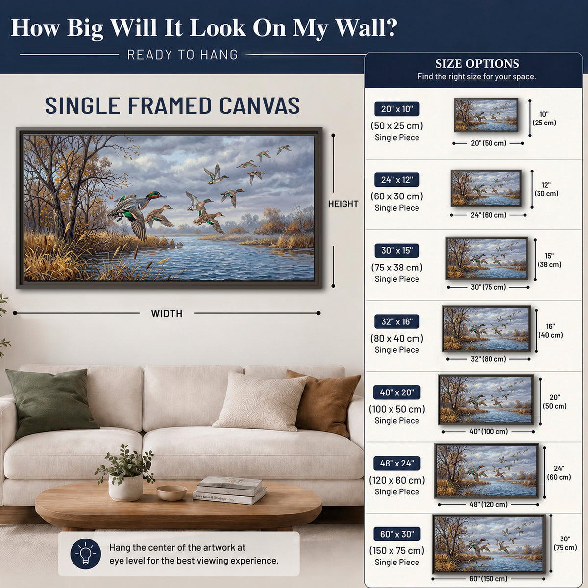 Ducks taking flight over a blue river framed by autumn branches single framed canvas wall art size guide above a sofa; room view is illustrative