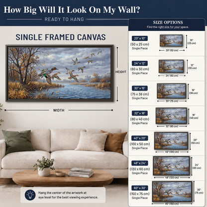Ducks taking flight over a blue river framed by autumn branches single framed canvas wall art size guide above a sofa; room view is illustrative