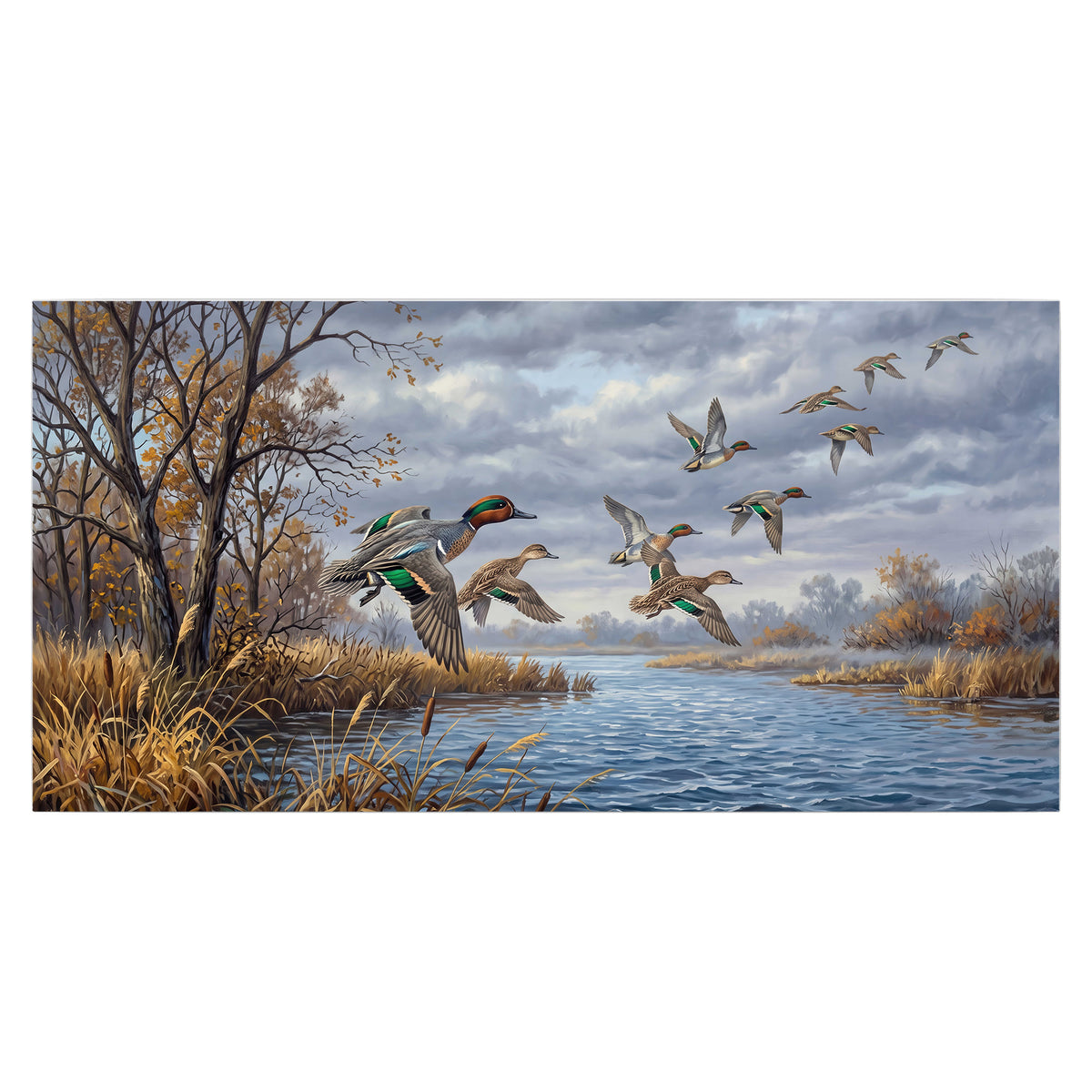 Ducks taking flight over a blue river framed by autumn branches single poster print viewed straight on