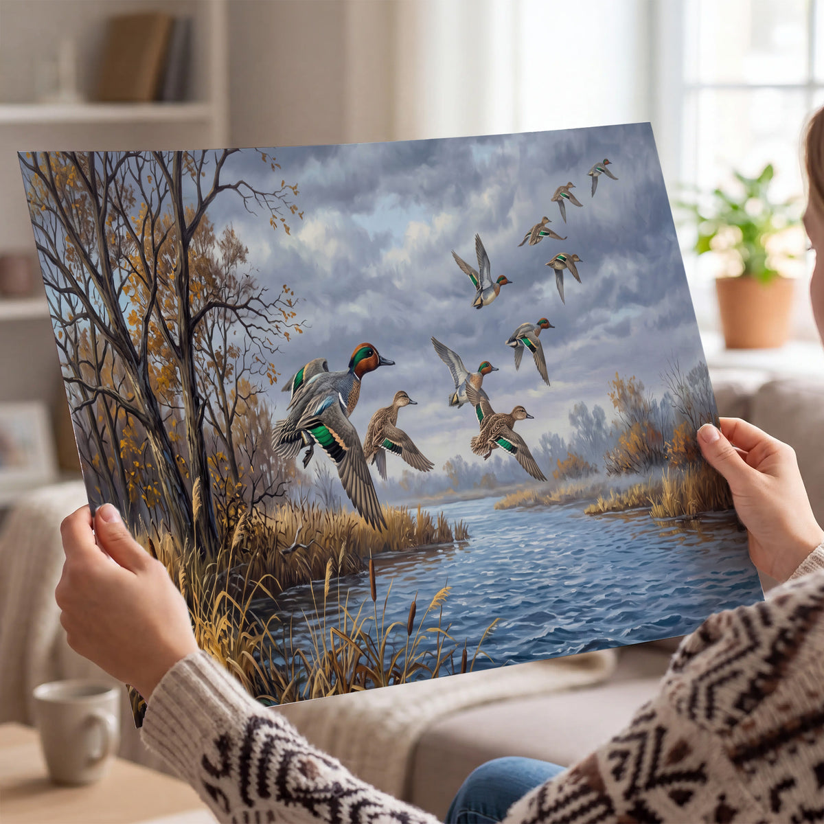 Ducks taking flight over a blue river framed by autumn branches single poster print held in hands