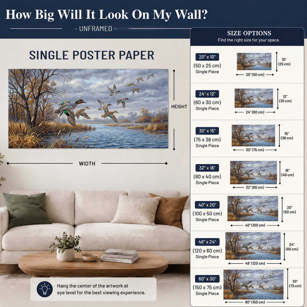 Ducks taking flight over a blue river framed by autumn branches single poster print size guide above a sofa; room view is illustrative