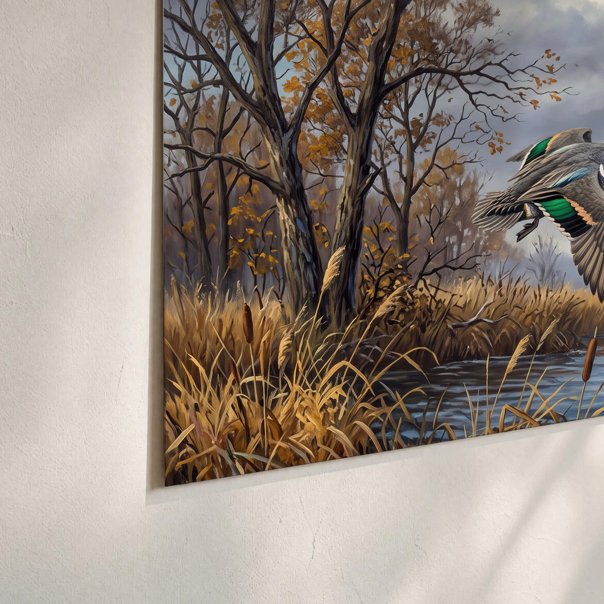 Ducks taking flight over a blue river framed by autumn branches set of 3 poster prints material and edge close up