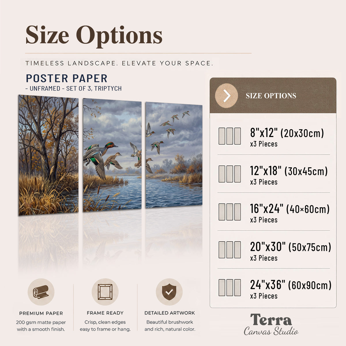 Ducks taking flight over a blue river framed by autumn branches set of 3 poster prints available dimensions; triptych dimensions are per panel