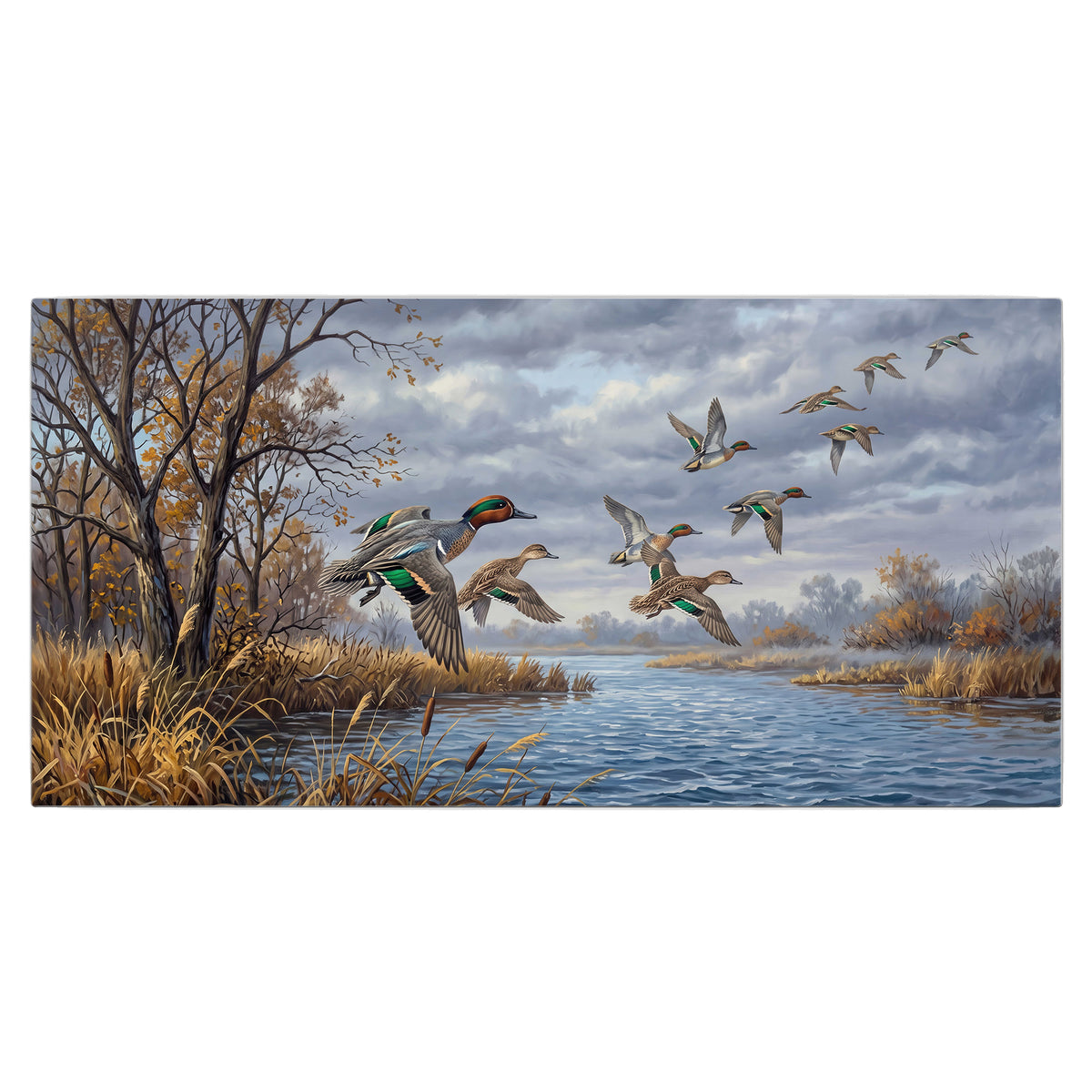 Ducks taking flight over a blue river framed by autumn branches single canvas wall art viewed straight on