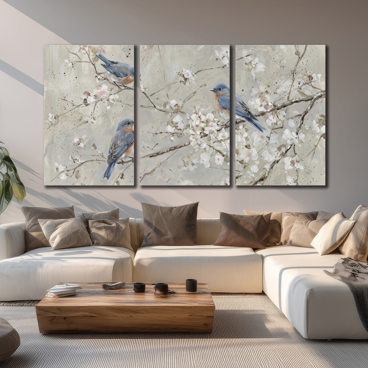 Bluebirds perched on delicate white flowering branches against pale sage 3 piece canvas wall art displayed in a living room