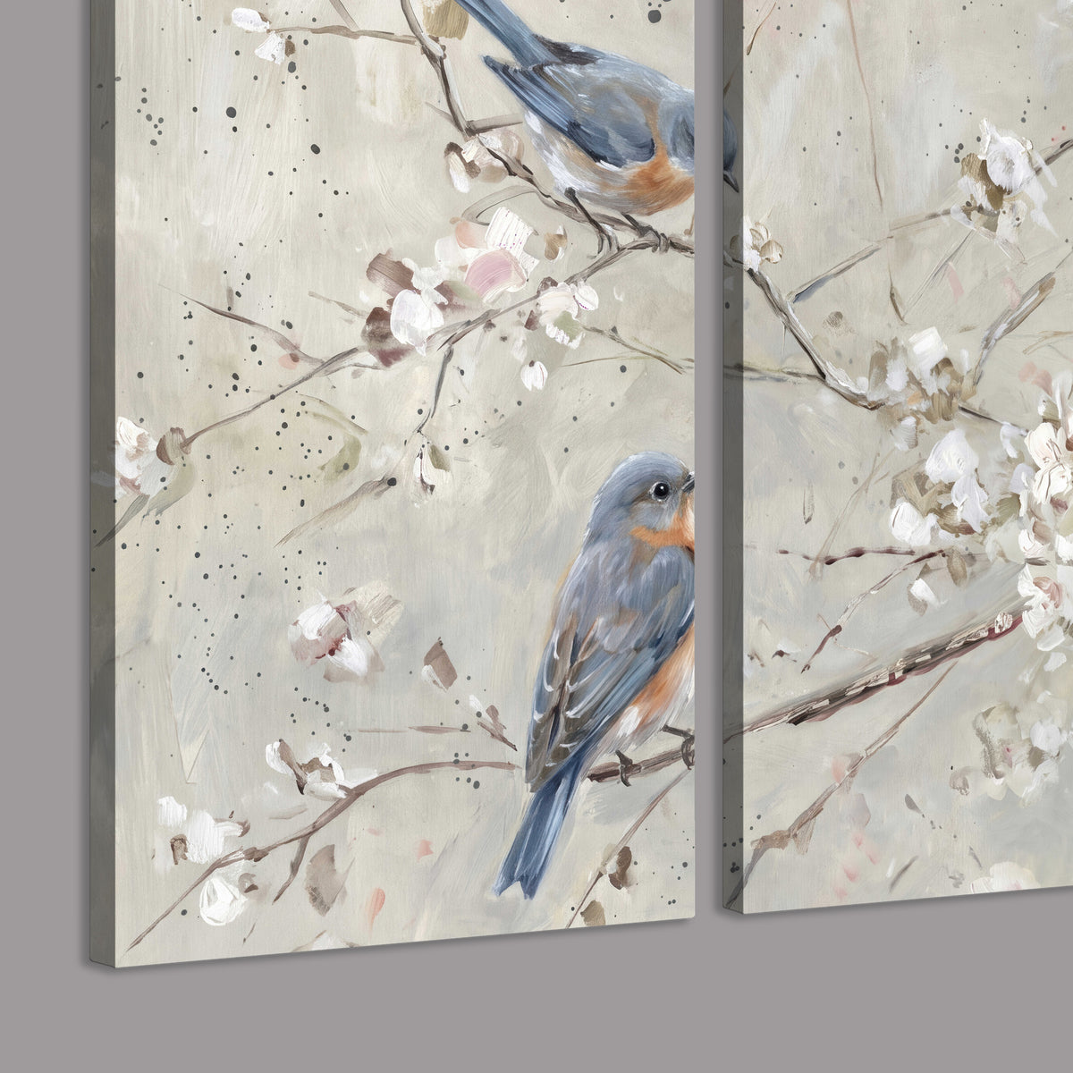 Bluebirds perched on delicate white flowering branches against pale sage 3 piece canvas wall art room and product view