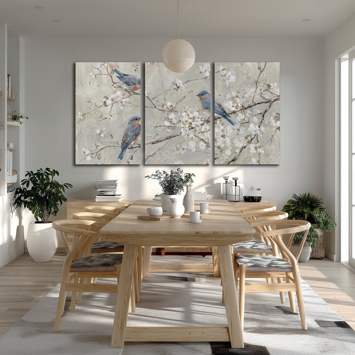 Bluebirds perched on delicate white flowering branches against pale sage 3 piece canvas wall art room and product view