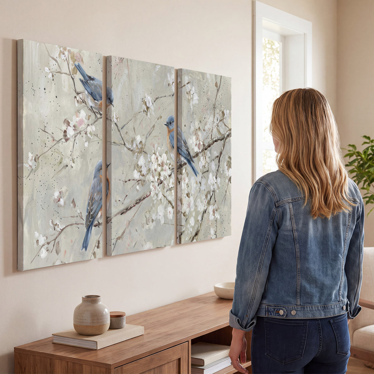 Bluebirds perched on delicate white flowering branches against pale sage 3 piece canvas wall art three panel arrangement on a wall
