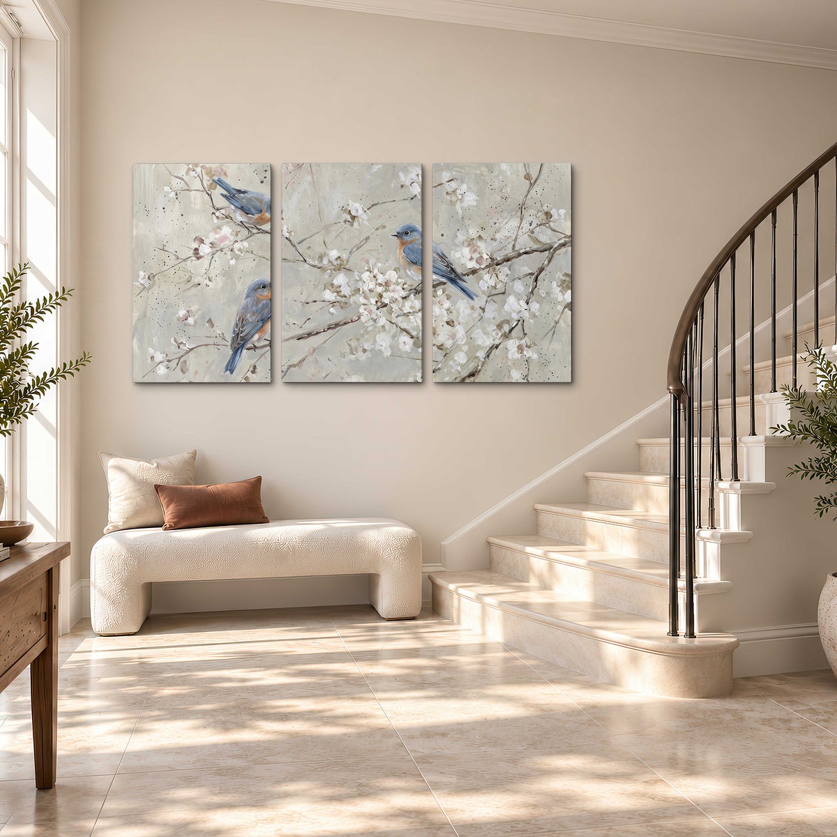 Bluebirds perched on delicate white flowering branches against pale sage 3 piece canvas wall art styled in an interior