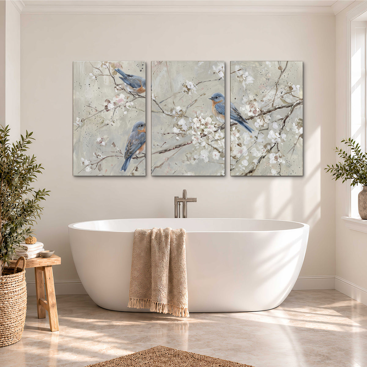 Bluebirds perched on delicate white flowering branches against pale sage 3 piece canvas wall art styled in an interior