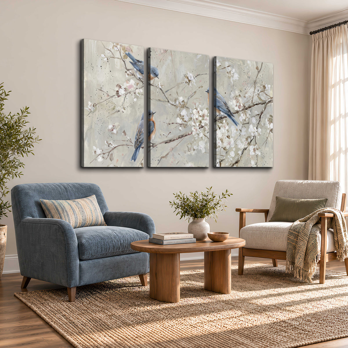 Bluebirds perched on delicate white flowering branches against pale sage 3 piece canvas wall art styled in an interior