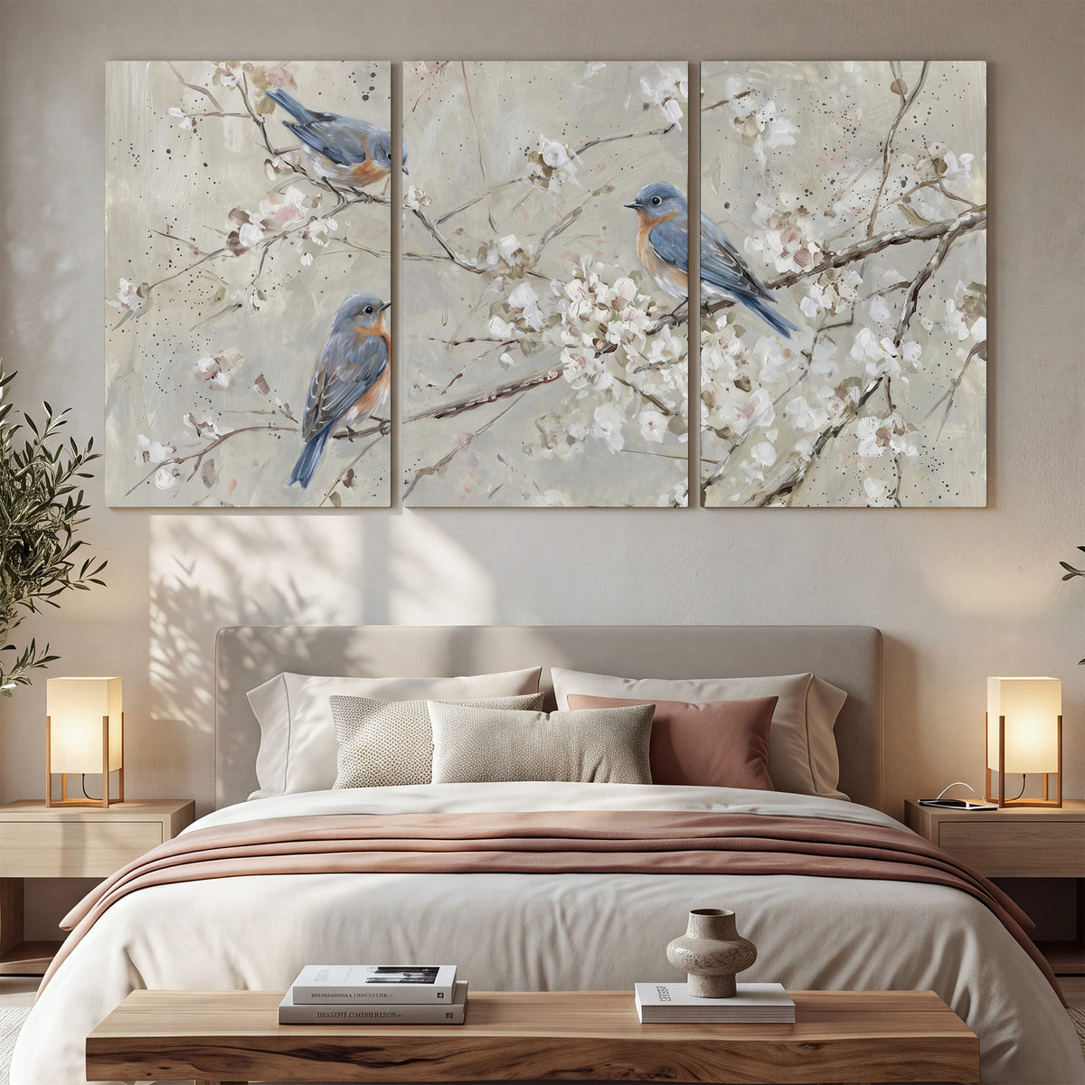 Bluebirds perched on delicate white flowering branches against pale sage 3 piece canvas wall art displayed in a bedroom