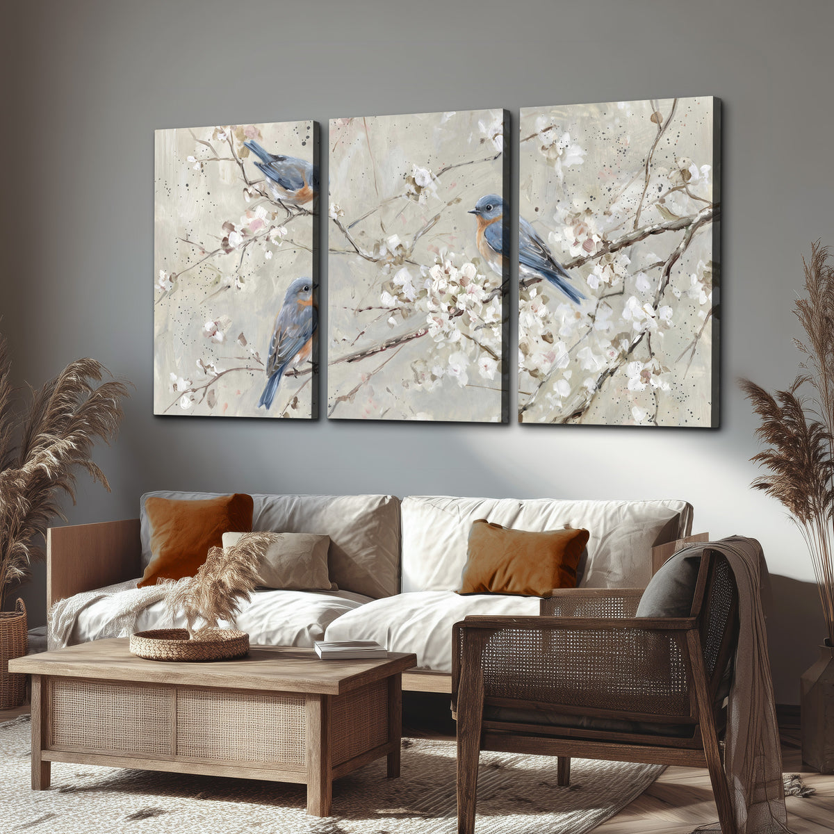 Bluebirds perched on delicate white flowering branches against pale sage 3 piece canvas wall art displayed in a rustic living room