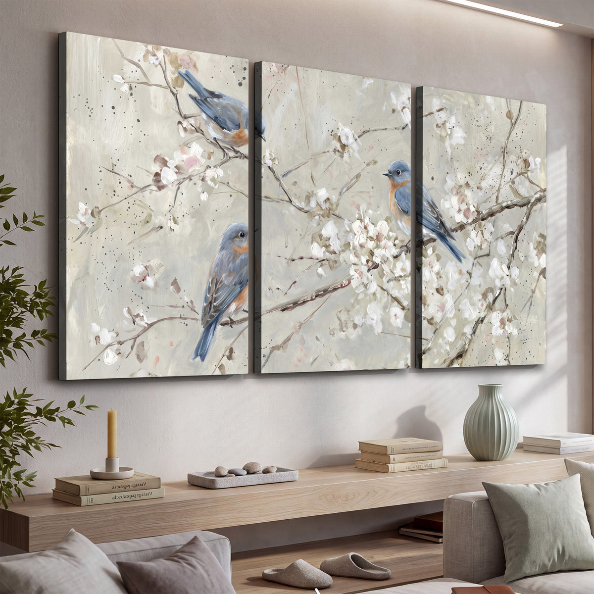 Bluebirds perched on delicate white flowering branches against pale sage 3 piece canvas wall art displayed in a console