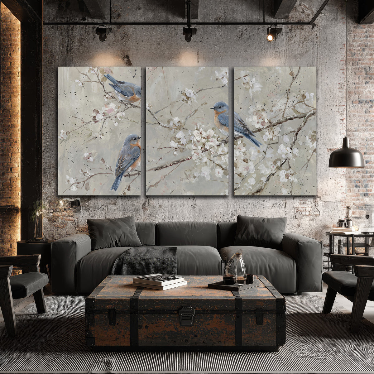 Bluebirds perched on delicate white flowering branches against pale sage 3 piece canvas wall art displayed in a industrial room
