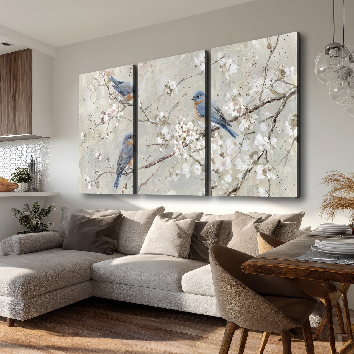 Bluebirds perched on delicate white flowering branches against pale sage 3 piece canvas wall art room and product view