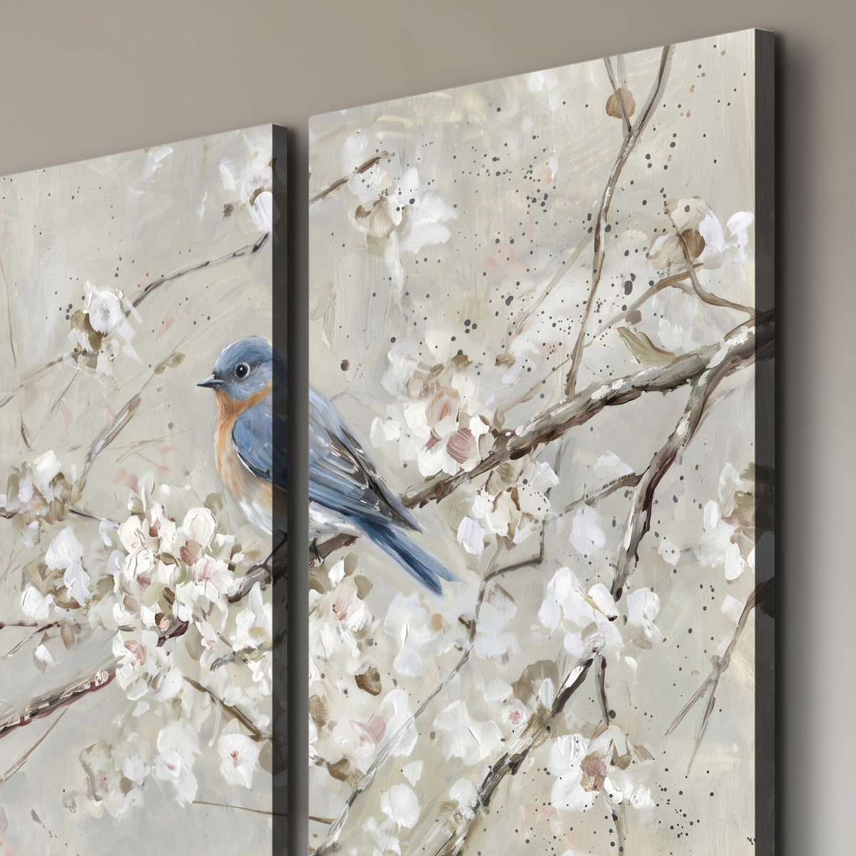Bluebirds perched on delicate white flowering branches against pale sage 3 piece canvas wall art room and product view