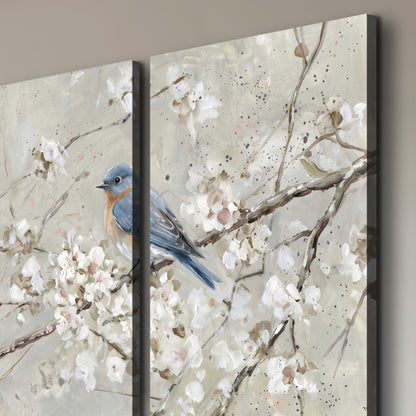 Bluebirds perched on delicate white flowering branches against pale sage 3 piece canvas wall art room and product view