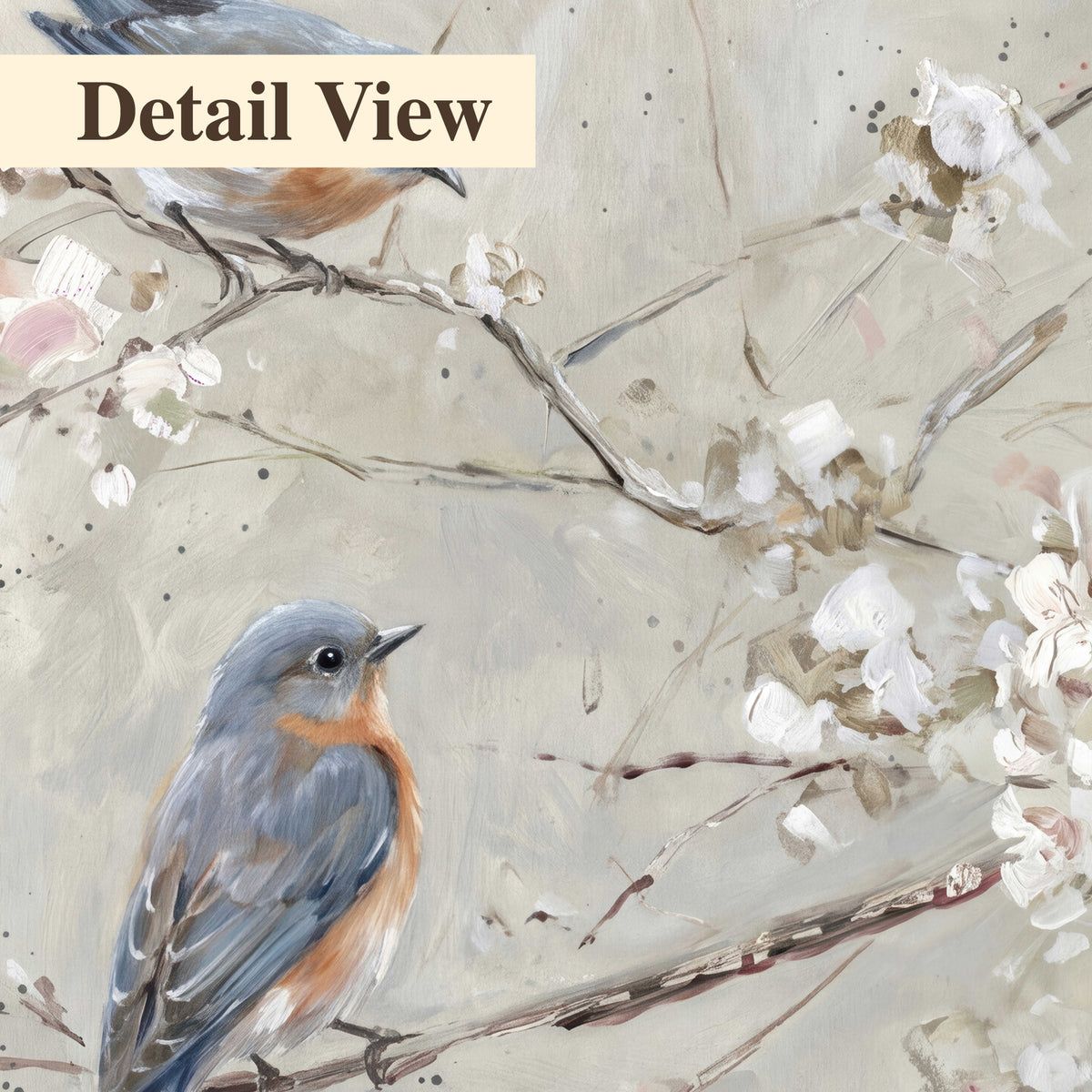Bluebirds perched on delicate white flowering branches against pale sage 3 piece canvas wall art artwork detail close up