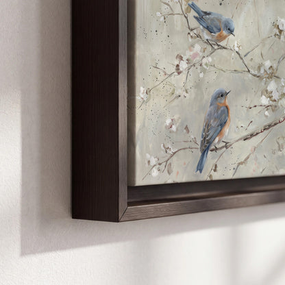Bluebirds perched on delicate white flowering branches against pale sage 3 piece framed canvas wall art material and edge close up