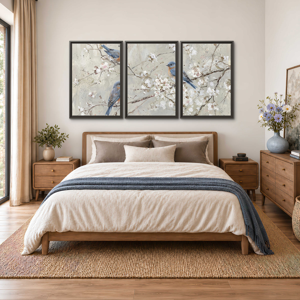 Bluebirds perched on delicate white flowering branches against pale sage 3 piece framed canvas wall art styled in an interior