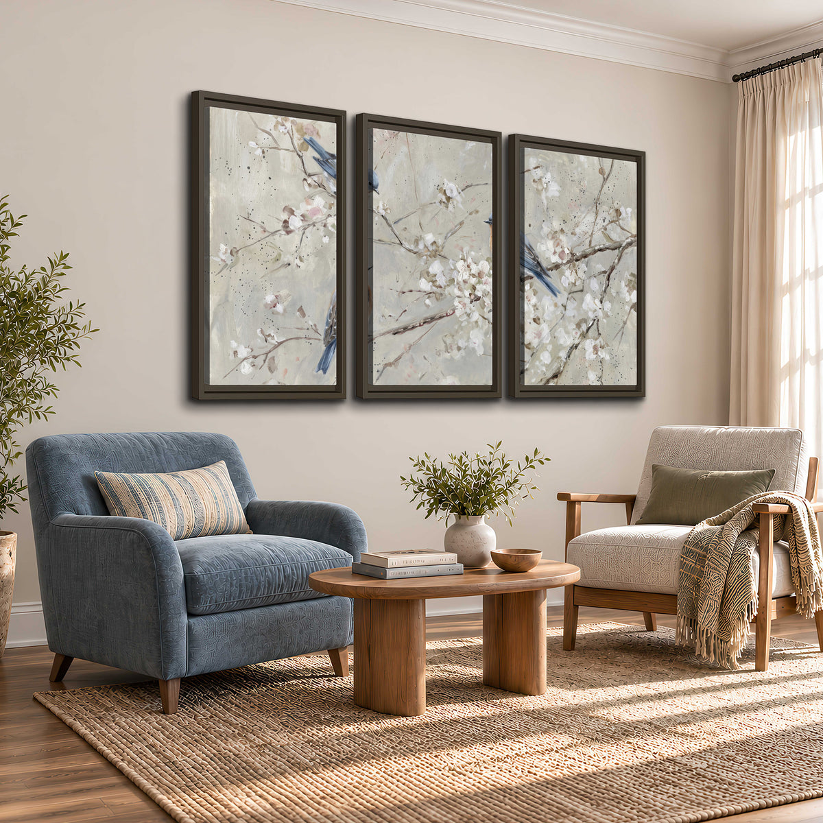 Bluebirds perched on delicate white flowering branches against pale sage 3 piece framed canvas wall art styled in an interior