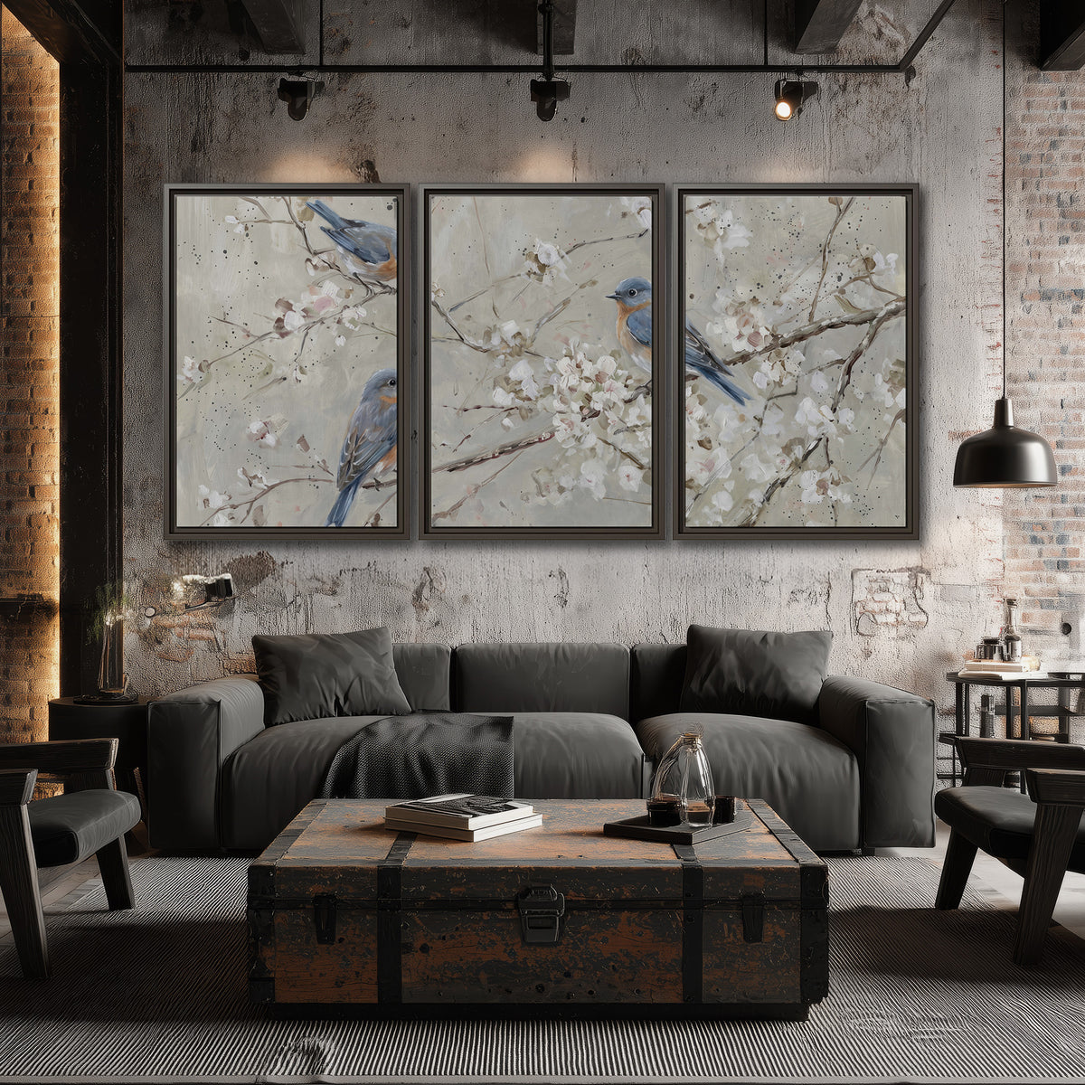 Bluebirds perched on delicate white flowering branches against pale sage 3 piece framed canvas wall art displayed in a industrial room