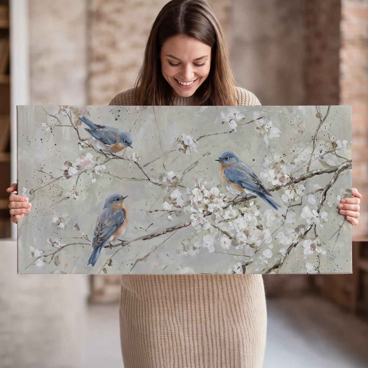 Bluebirds perched on delicate white flowering branches against pale sage single canvas wall art held in hands