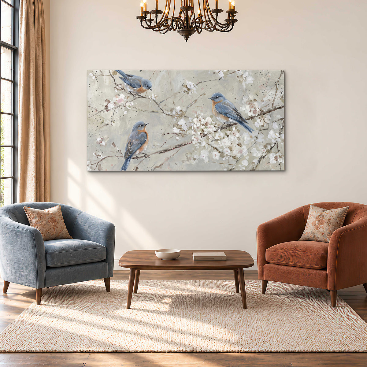 Bluebirds perched on delicate white flowering branches against pale sage single canvas wall art styled in an interior