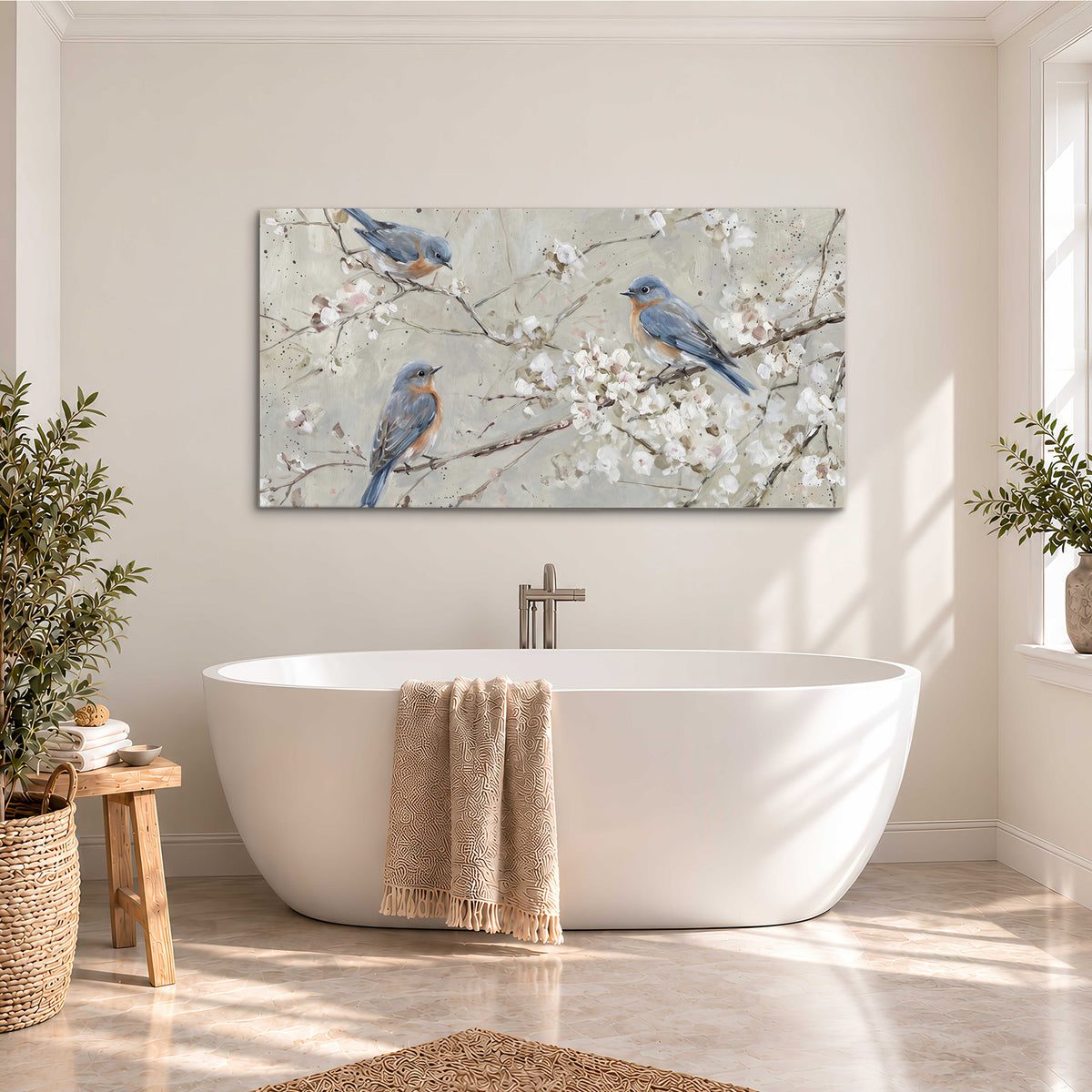 Bluebirds perched on delicate white flowering branches against pale sage single canvas wall art styled in an interior