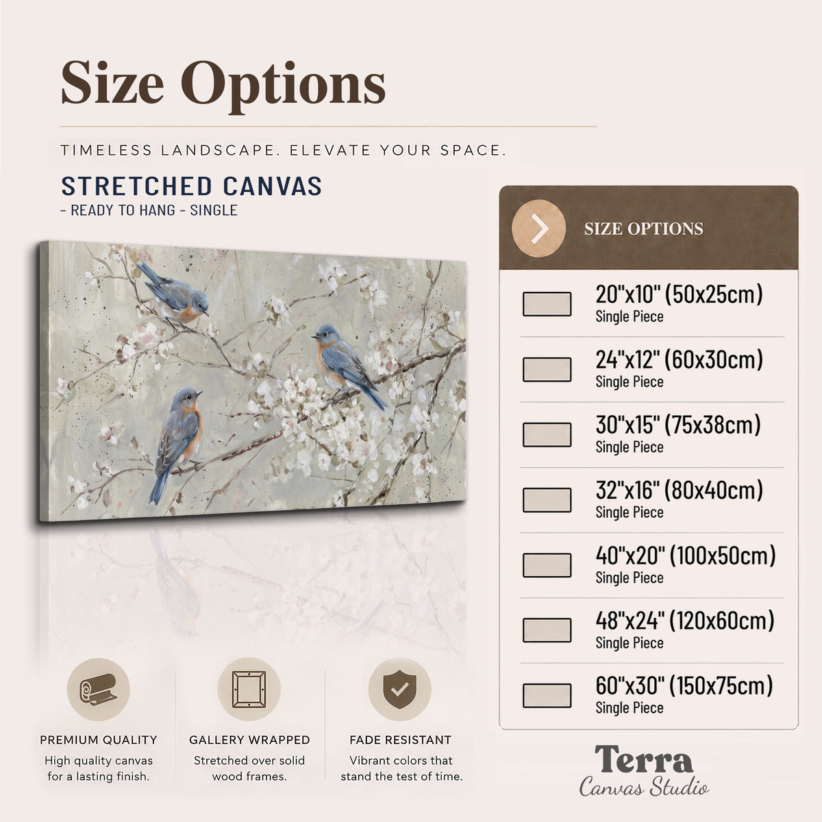 Bluebirds perched on delicate white flowering branches against pale sage single canvas wall art available dimensions