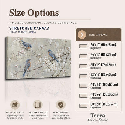 Bluebirds perched on delicate white flowering branches against pale sage single canvas wall art available dimensions