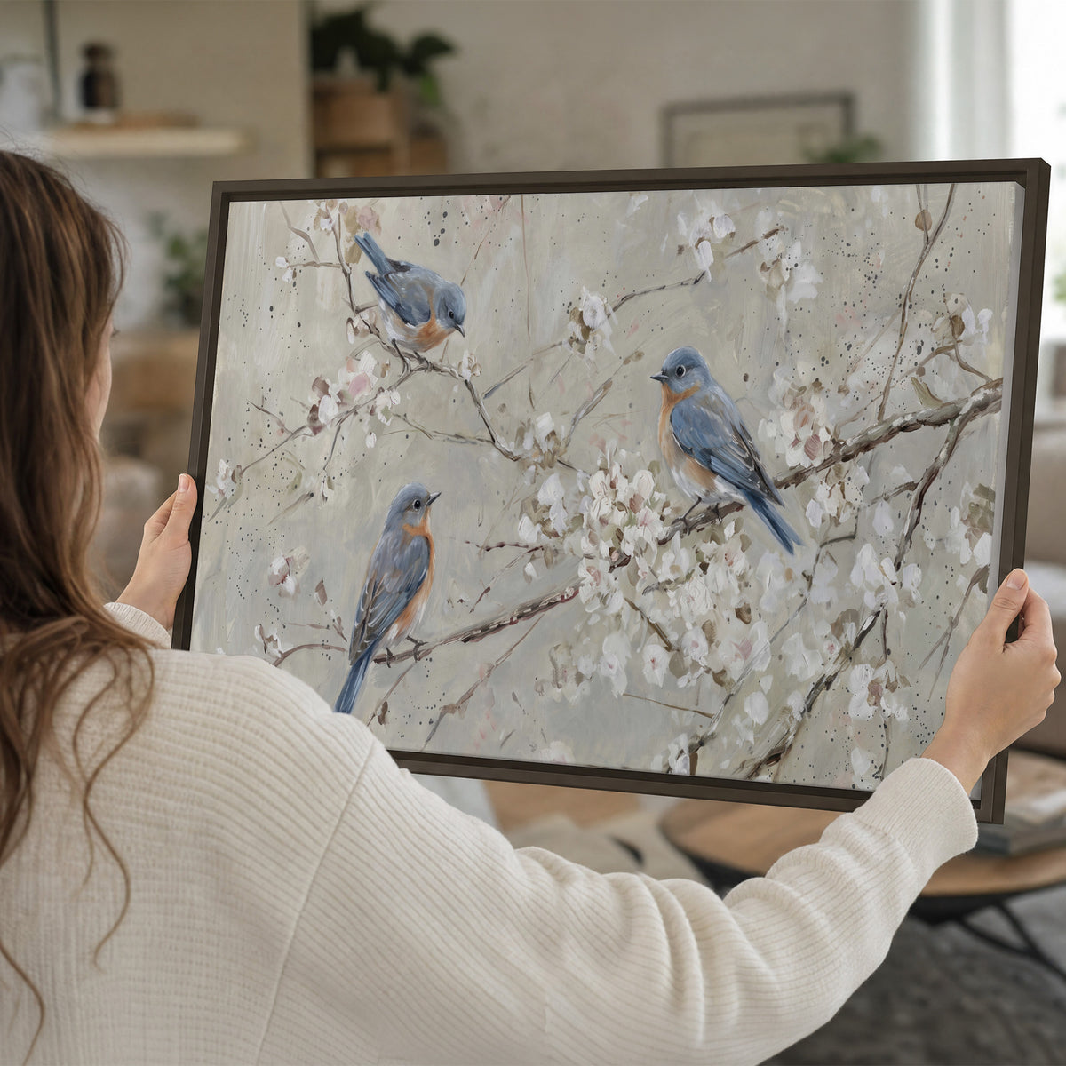 Bluebirds perched on delicate white flowering branches against pale sage single framed canvas wall art held in hands