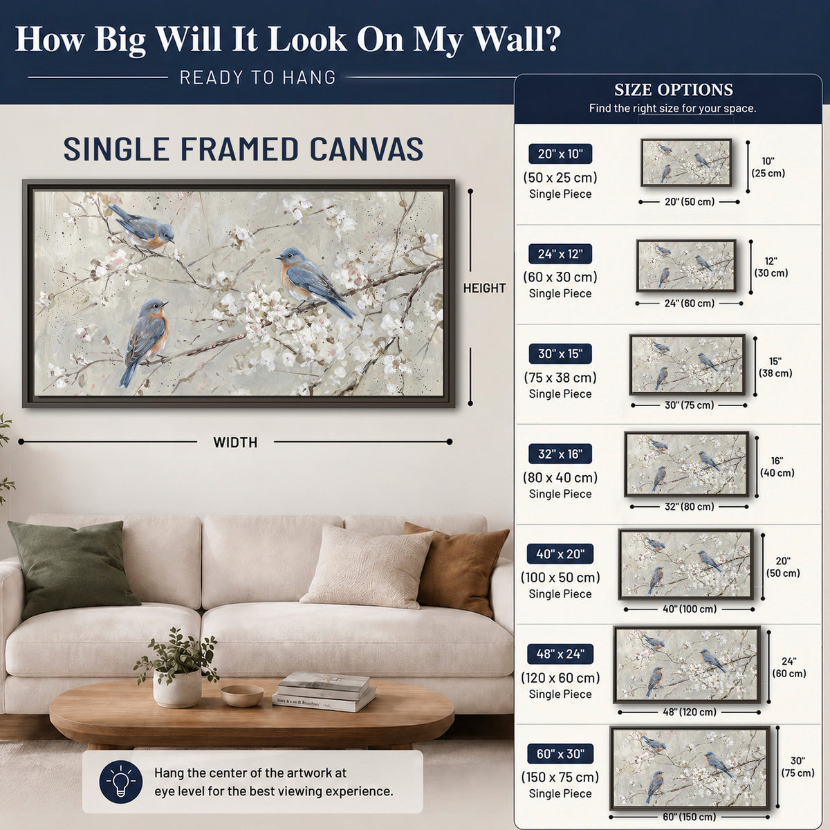 Bluebirds perched on delicate white flowering branches against pale sage single framed canvas wall art size guide above a sofa; room view is illustrative