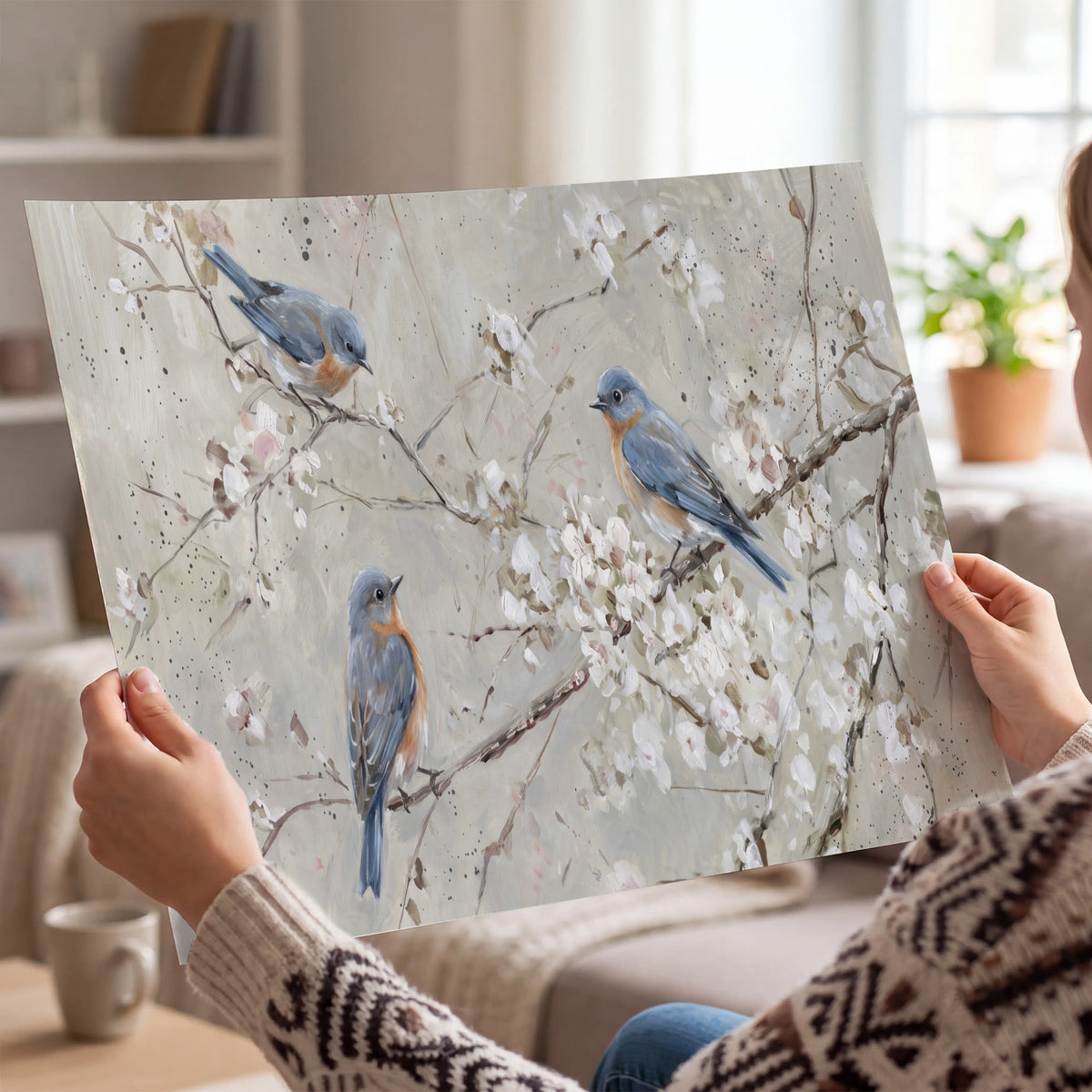 Bluebirds perched on delicate white flowering branches against pale sage single poster print held in hands