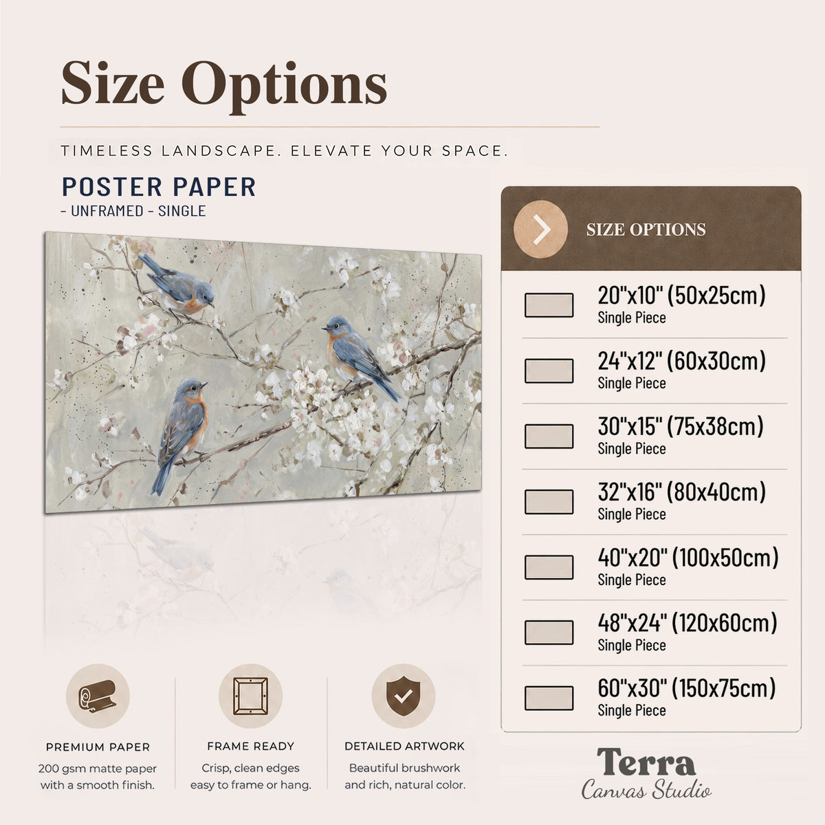 Bluebirds perched on delicate white flowering branches against pale sage single poster print available dimensions