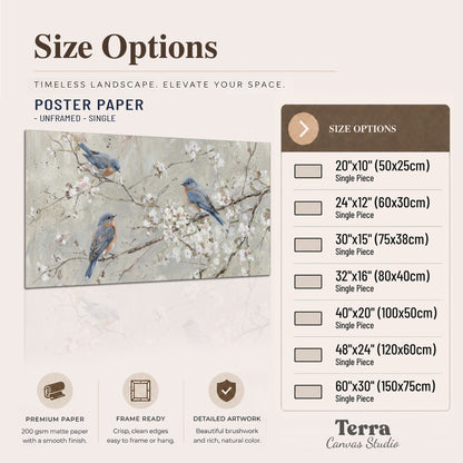 Bluebirds perched on delicate white flowering branches against pale sage single poster print available dimensions
