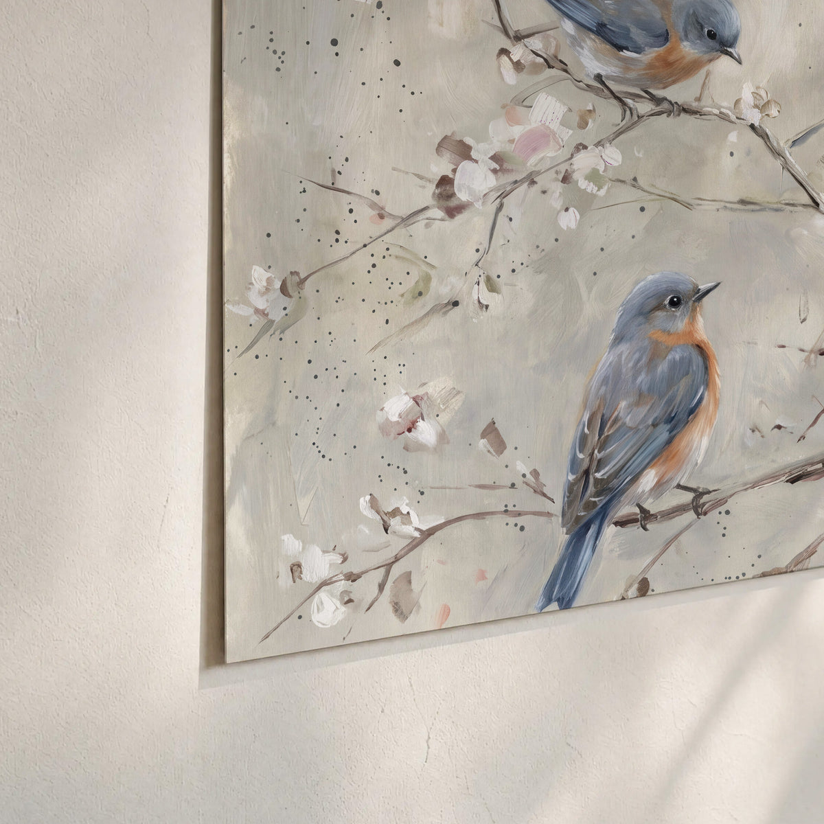 Bluebirds perched on delicate white flowering branches against pale sage set of 3 poster prints material and edge close up