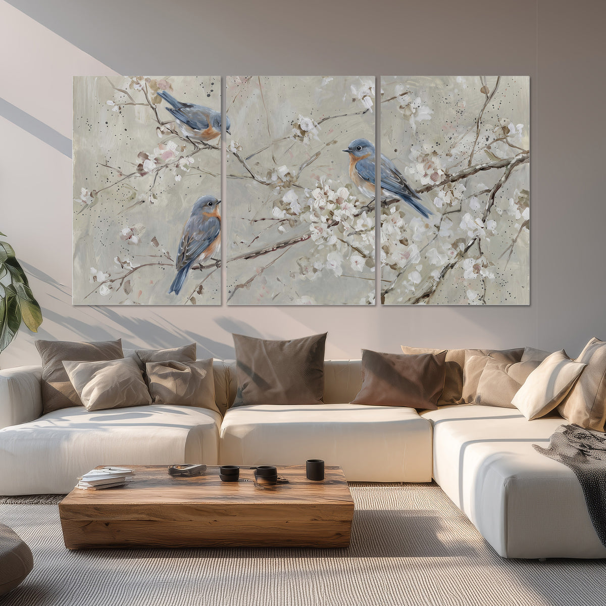 Bluebirds perched on delicate white flowering branches against pale sage set of 3 poster prints displayed in a living room