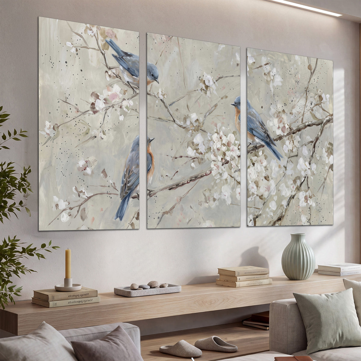 Bluebirds perched on delicate white flowering branches against pale sage set of 3 poster prints displayed in a console